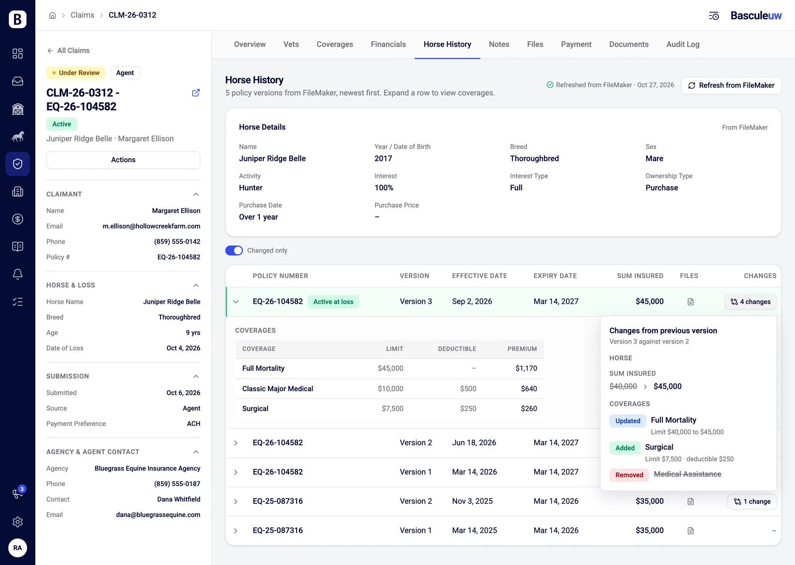 A claim in PolicyHub with the horse's history refreshed from FileMaker, each change marked