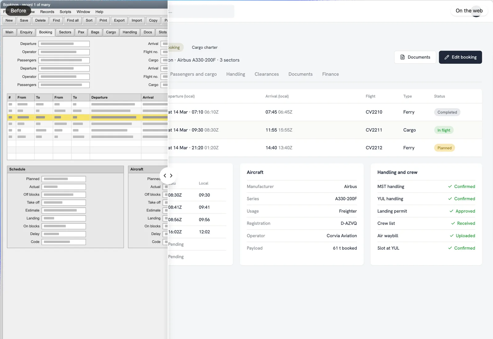A dense, grey booking screen beside the same booking on the web