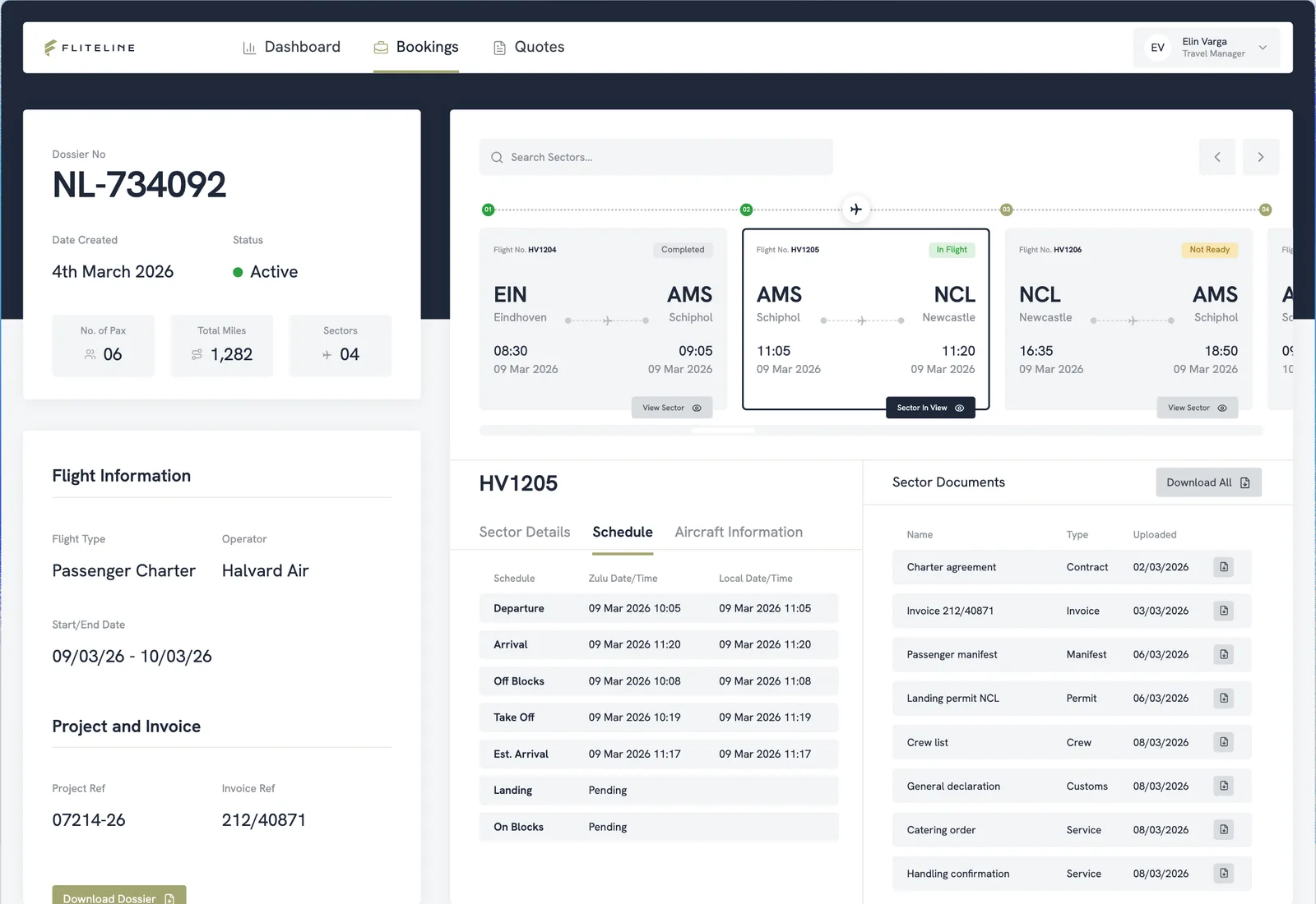 Fliteline's customer portal: a booking with four sectors, the second one in flight