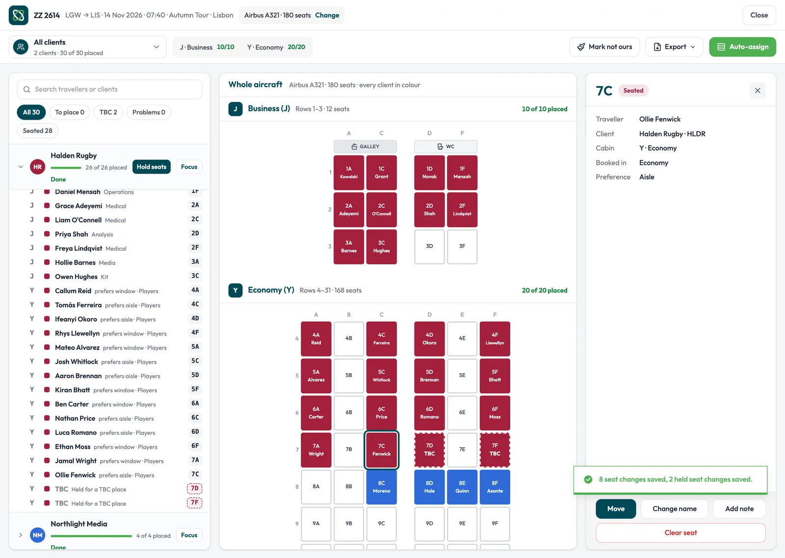A squad being seated on a flight in Travel Places' seat mapper