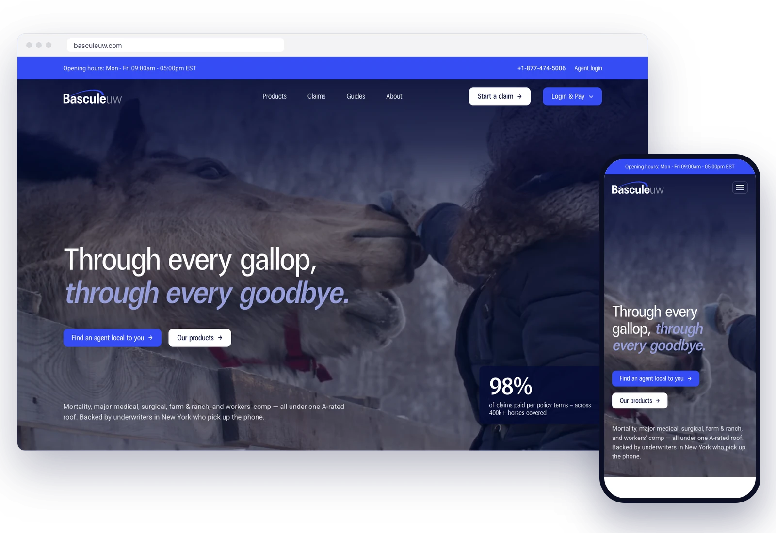 Bascule Underwriting's website on a laptop and a phone: the homepage hero, “Through every gallop, through every goodbye.”