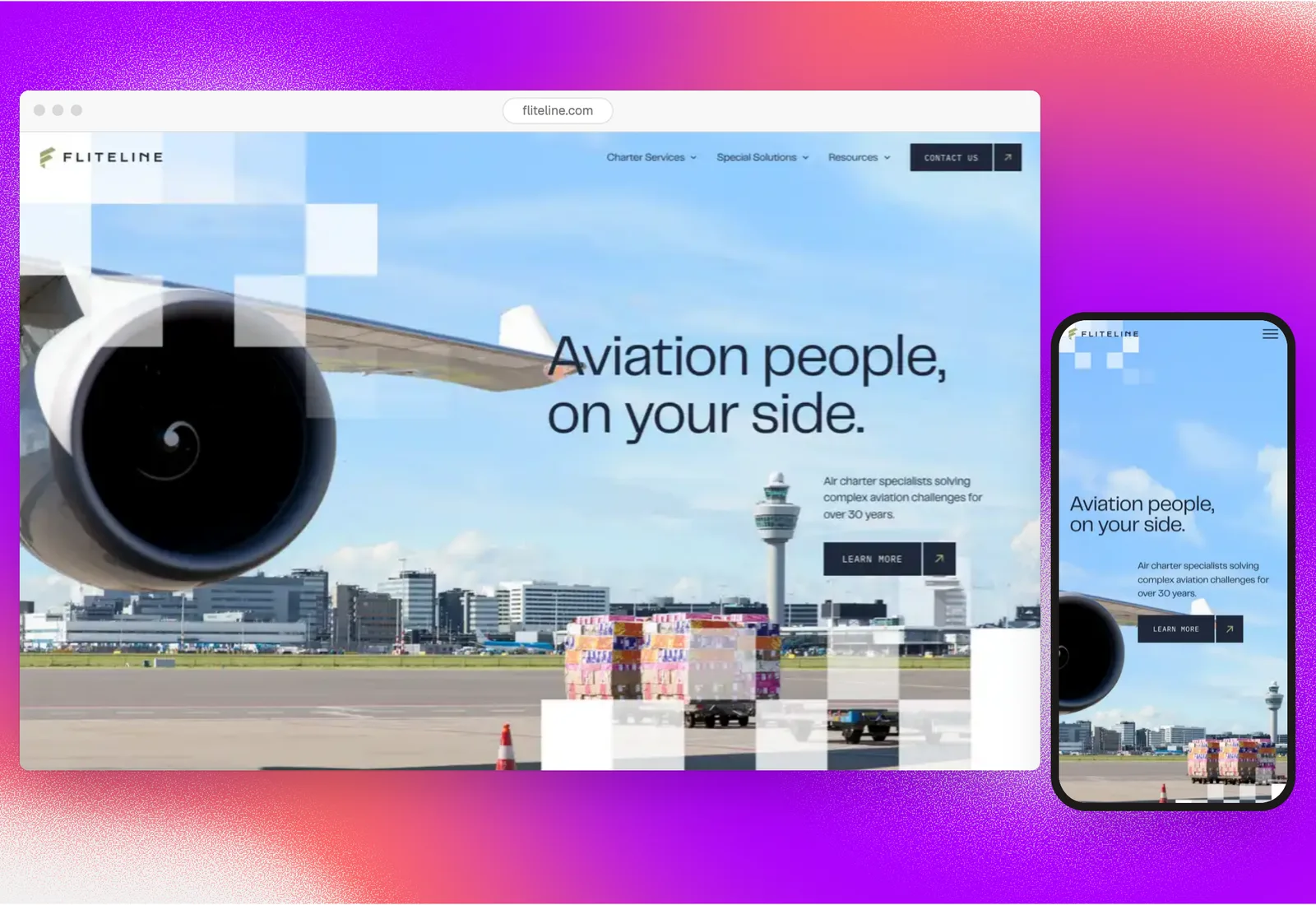 Fliteline's website in a browser, with the phone version beside it